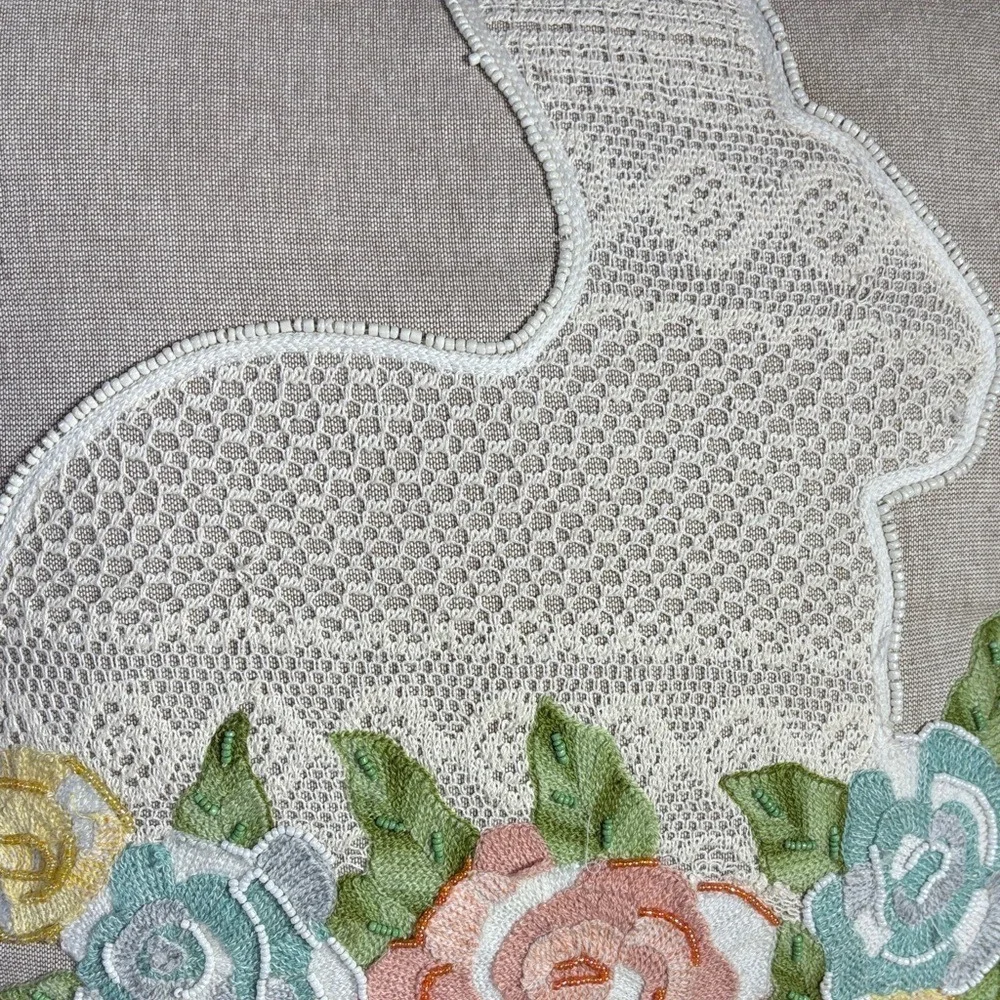 Embroidered‎ Bunny w/Roses Throw Pillow Easter Lace Beaded Removable Cover 17